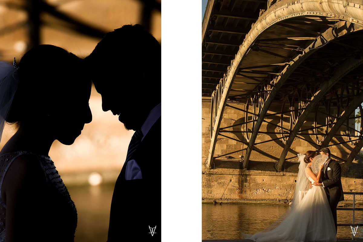 Fotos de boda en Sevilla novios bajo el puente de Triana